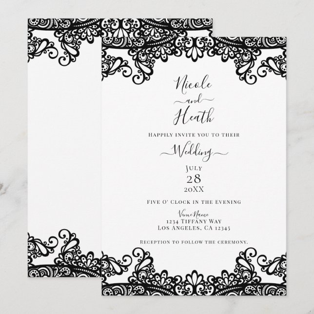 Convite Lace Branco e Preto Casamento Elegante (Frente/Verso)