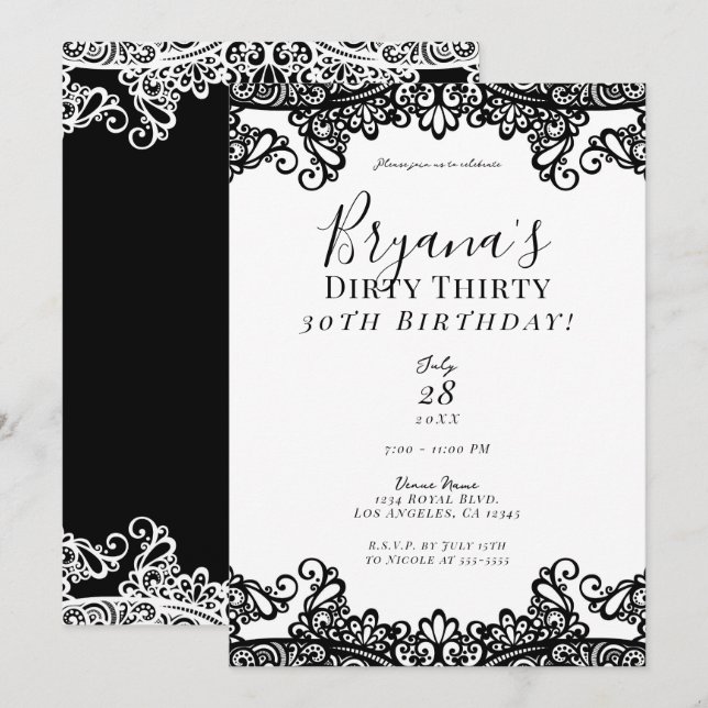 Convite Lace Branco e Preto Chic Sujo 30 30º Aniversário   (Frente/Verso)