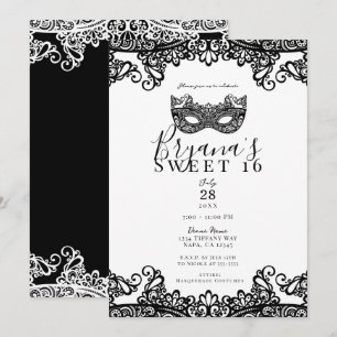 Convite Lace Branco e Preto Festa de Máscaras Sweet 16