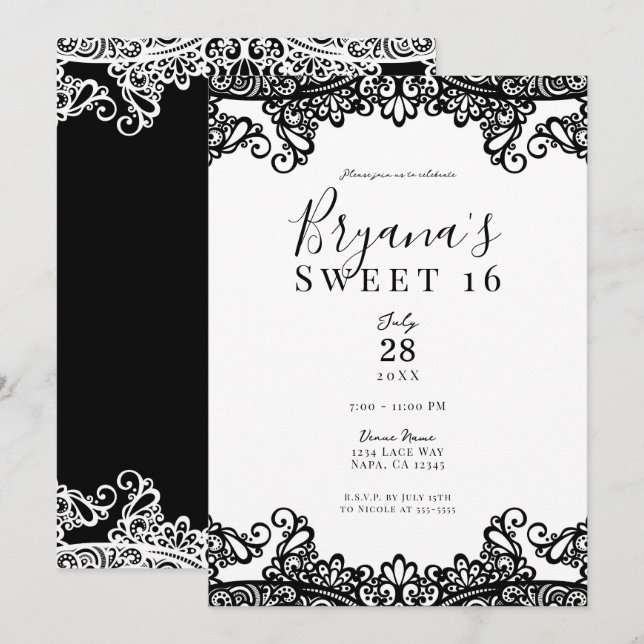 Convite Lace Branco e Preto Festa Elegante Doce 16 (Frente/Verso)