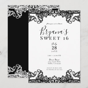 Convite Lace Branco e Preto Festa Elegante Doce 16