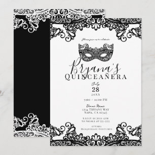 Convite Lace Branco e Preto Máscara de 15 anos Quinceañera