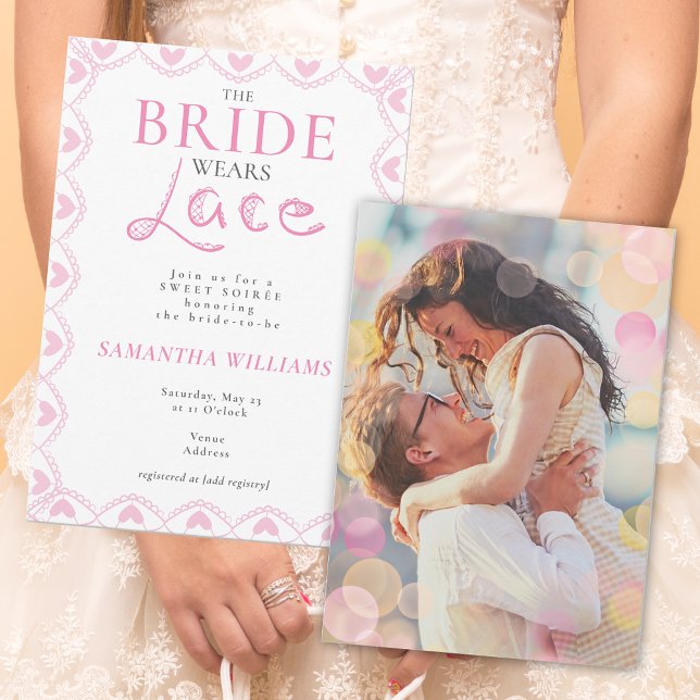 Convite Lace Bridal Shower Romantic The Bride Wears Lace (Lace Engagement Bridal Shower Elegant Romantic Unique Pink Couture The Bride Wears Lace Invitation)