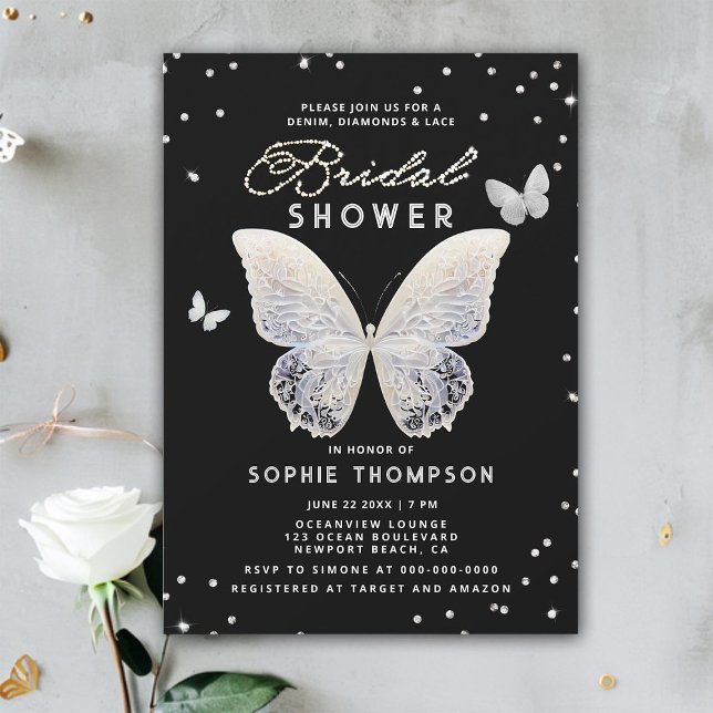 Convite Lace Butterfly Chá de panela Elegante Rhinestones (lace bridal shower invitation white butterflies elegant boho romantic classy rhinestones modern chic)