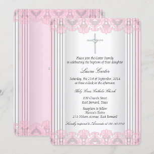 Convite Lace Cruz Rosa Branco Batismo Crisma