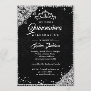 Convite Lace de Diamante Brilho Preto Quinze Anos Prata