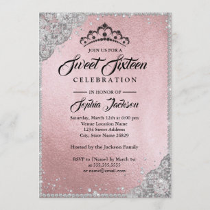 Convite Lace de Diamante Brilho Rosa Prata Sweet Sixteen