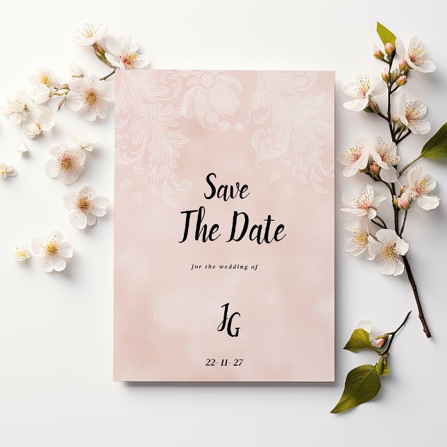 Convite Lace de flor branca de pêssego Elegante Salvar a D (Elegant peach white flower lace Save The Date)