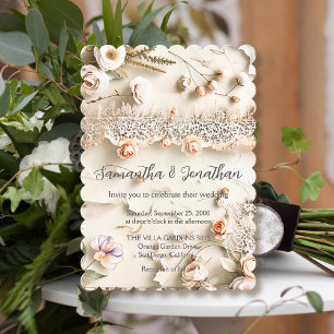 Convite Lace de Marfim Floral Foto Casamento Romântico de