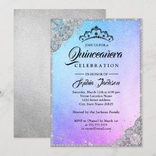 Convite Lace Diamante Brilho Azul Roxo Quinceanera