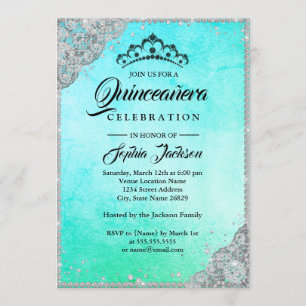 Convite Lace Diamante Brilho Azul Teal Quinceanera