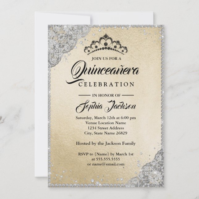 Convite Lace Diamante Brilho Quinceanera Dourado Prata (Frente)