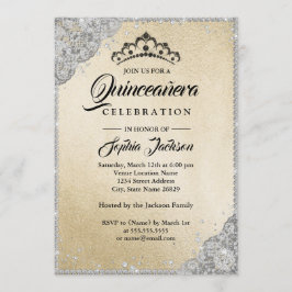 Convite Lace Diamante Brilho Quinceanera Dourado Prata