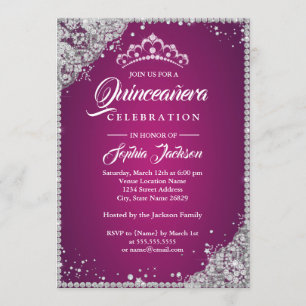 Convite Lace Diamante Brilho Rosa Prata Quinceanera