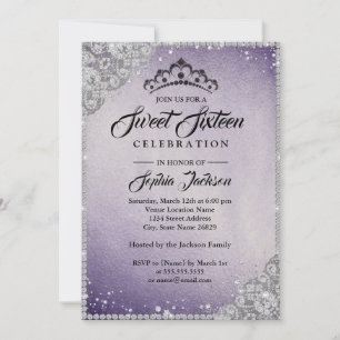 Convite Lace Diamante Brilho Roxo Prata Sweet Sixteen