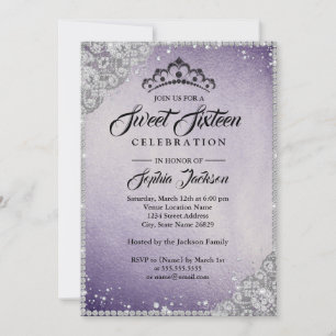 Convite Lace Diamante Brilho Roxo Prata Sweet Sixteen