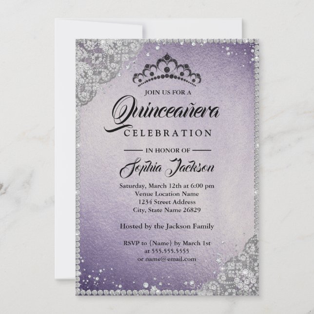 Convite Lace Diamante Brilho Roxo Quinceanera (Frente)