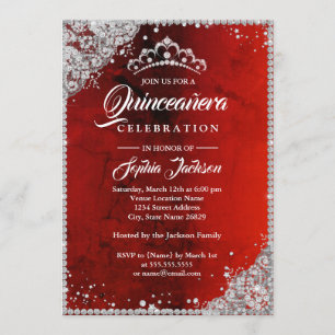 Convite Lace Diamante Brilho Vermelho Prata Quinceanera