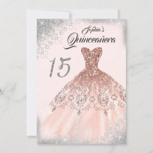 Convite Lace Diamond Gown Rosa Dourada de Prata Quinceaner