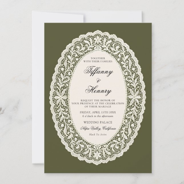 Convite Lace Doily Olive Green Wedding Invitation (Frente)