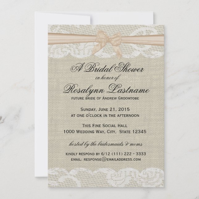 Convite Lace e Burlap com Chá de panela de Arco de Pêssego (Frente)