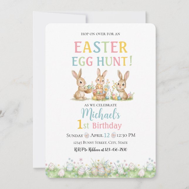 Convite Lace Easter Egg Hunt Boy First Birthday Invitation (Frente)