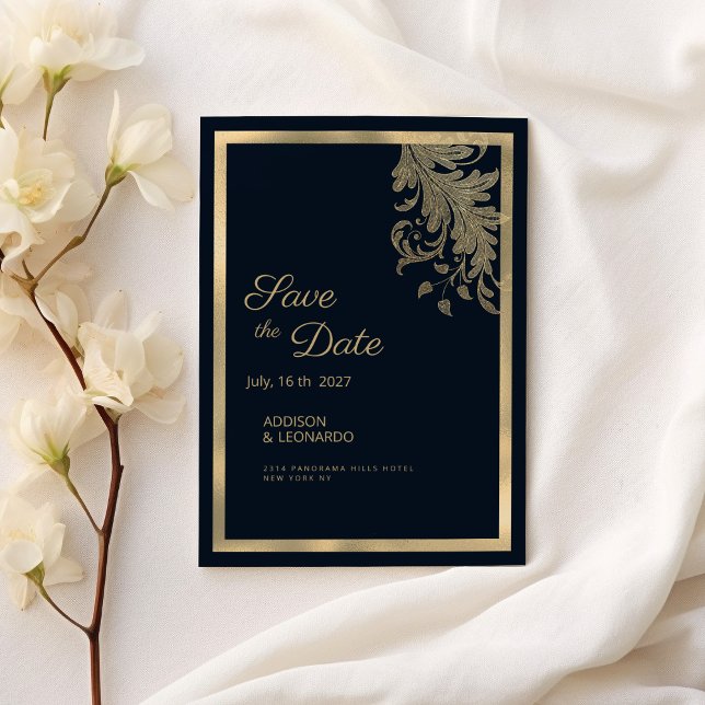 Convite Lace floral azul marinho clássico Guardar a Data (Classy navy blue gold floral lace Save the Date )