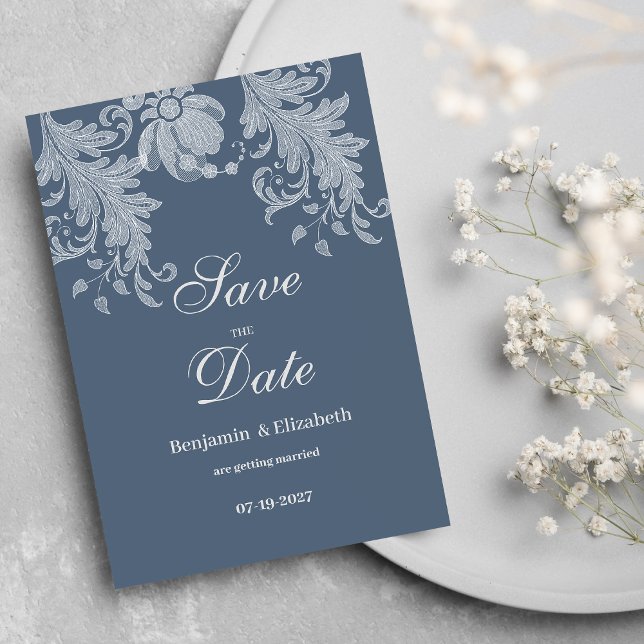 Convite Lace floral branco azul-mave simples Salve a data (Simple mauve blue white floral lace Save the Date)