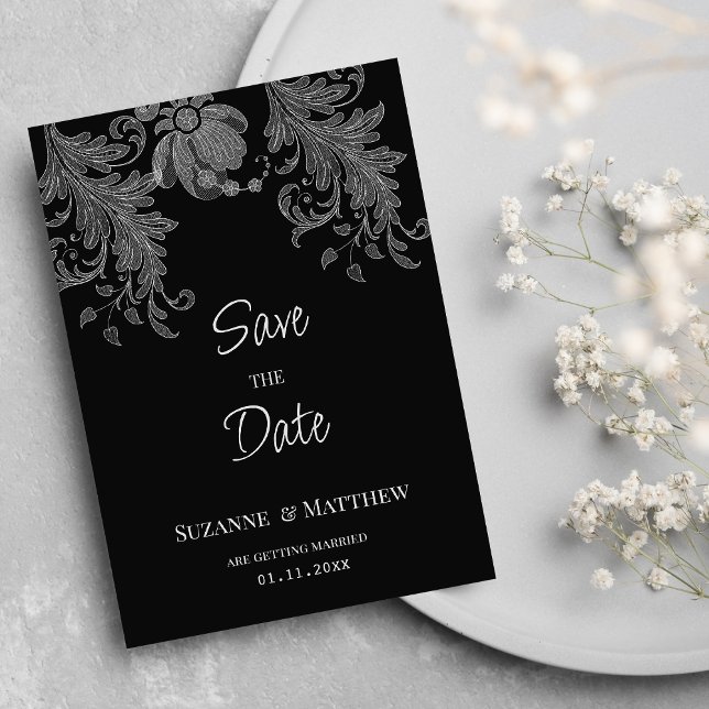 Convite Lace floral branco e preto elegante Salve a data (Elegant black and white floral lace Save the Date)