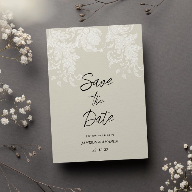 Convite Lace floral branco neutro Russo Salvar a Data (Rustic neutral white floral lace Save The Date)