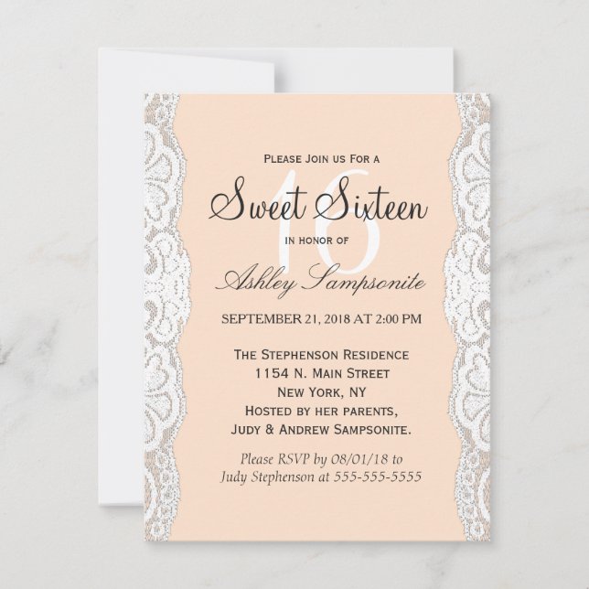 Convite Lace Floral Branco sobre o Poracy Beige (Frente)