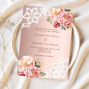 Convite Lace floral cor-de-rosa rosa de casado luxo