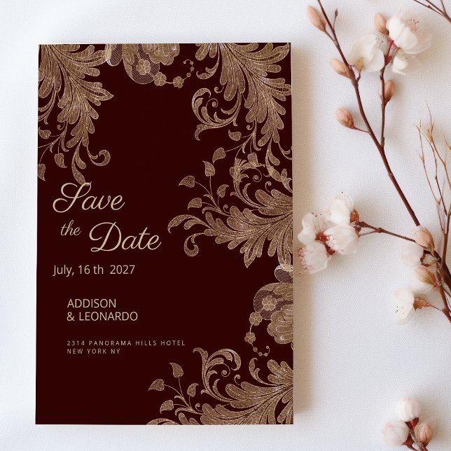 Convite Lace floral de luxo floral de ouro Salve a data (Burgundy gold floral luxury lace Save the Date)