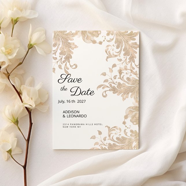 Convite Lace floral de ouro branco de luxo Salve a data (Luxury chic white gold floral lace Save the Date )