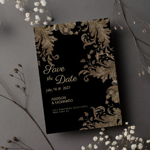 Convite Lace floral de ouro negro de luxo Salve a data