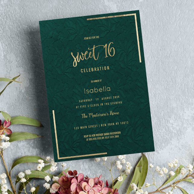 Convite Lace floral de ouro verde florestal Elegante Sweet (Elegant forest green gold floral lace Sweet 16 Invitation )