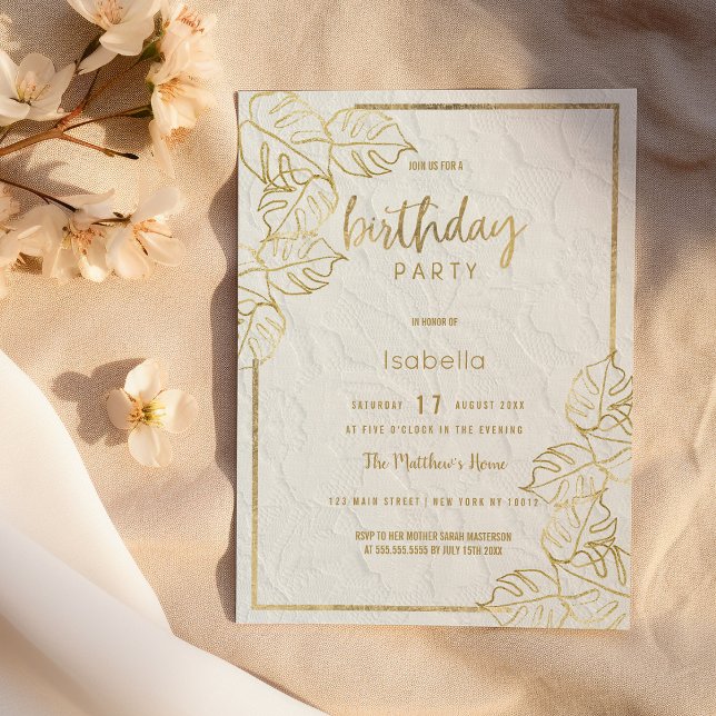 Convite Lace floral francês de ouro branco de luxo Anivers (Luxury white gold french floral lace Birthday Invitation)