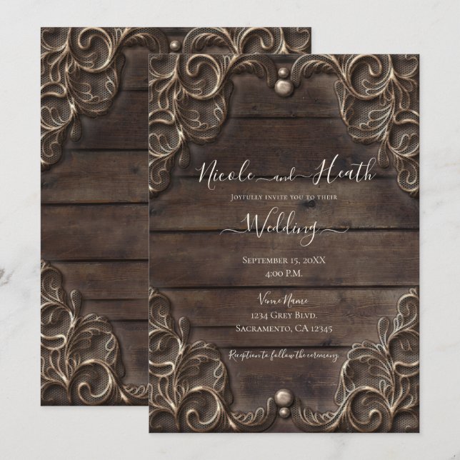 Convite Lace & Madeira Escura Casamento Ocidental Rústico  (Frente/Verso)