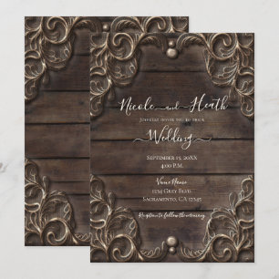 Convite Lace & Madeira Escura Casamento Ocidental Rústico