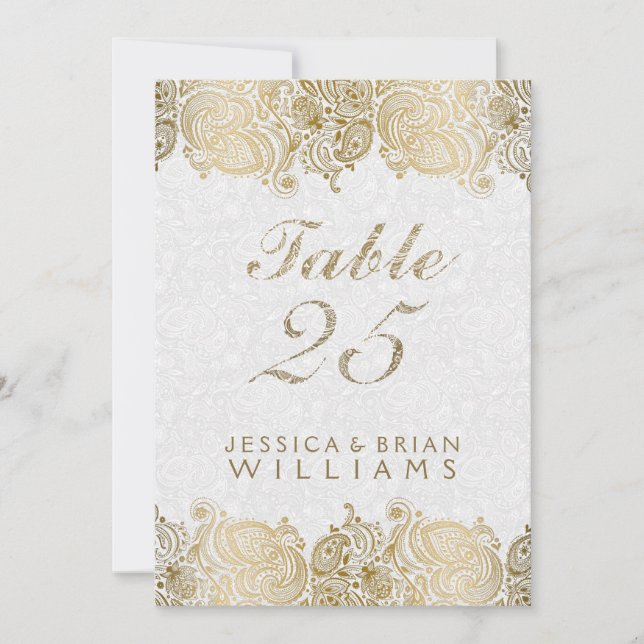 Convite Lace Paisley Dourado em Número de Mesa Branco (Frente)