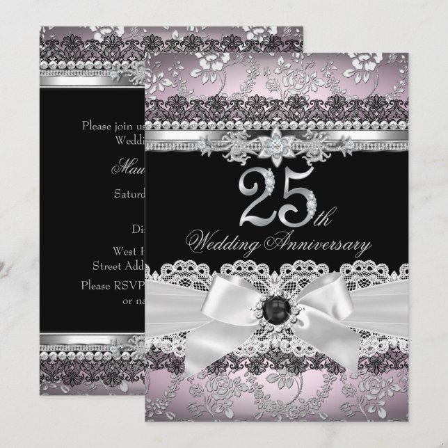 Convite Lace & Pearl Bow Prata Rosa 25º Aniversário (Frente/Verso)