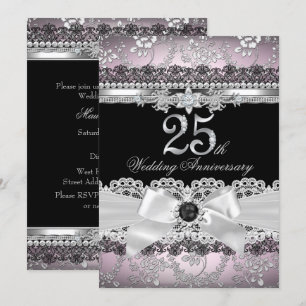 Convite Lace & Pearl Bow Prata Rosa 25º Aniversário