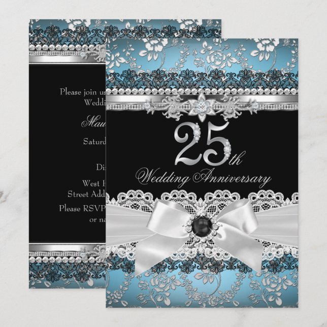 Convite Lace & Pearl Bow Silver Azul 25º Aniversário (Frente/Verso)