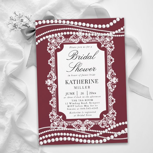 Convite Lace Pérolas Clássico Burgundy Branco Chuveiro de  (lace bridal shower ideas white pearls burgundy modern classic traditional elegant invitation card)