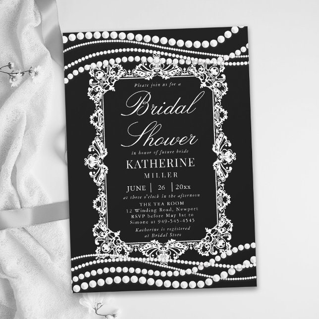 Convite Lace Pérolas Clássico Preto Branco Chic Festa de N (lace bridal shower ideas black white pearls modern classic traditional elegant invitation template)