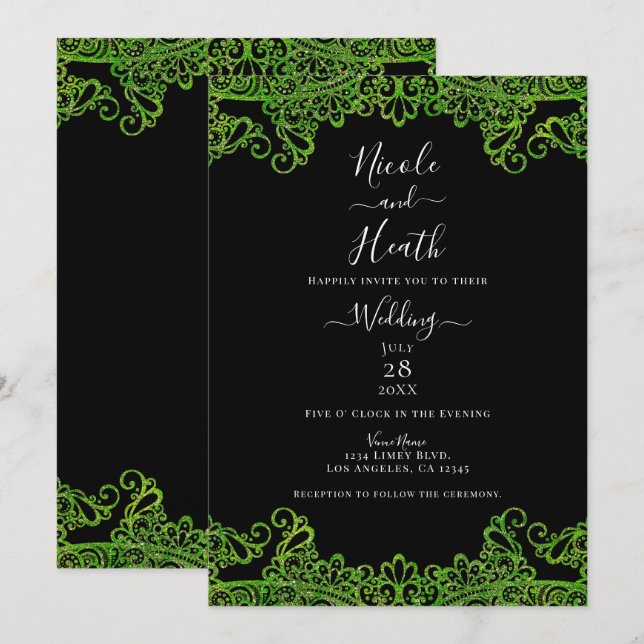 Convite Lace Preto com Brilho Verde Lima Casamento (Frente/Verso)