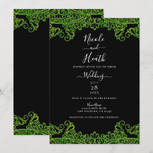 Convite Lace Preto com Brilho Verde Lima Casamento