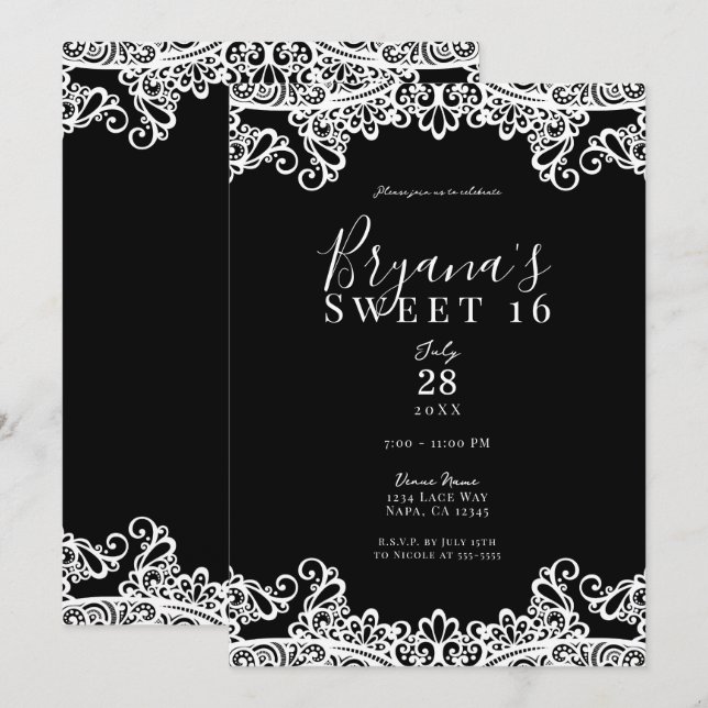 Convite Lace Preto e Branco Festa Elegante de 16 Anos Doce (Frente/Verso)