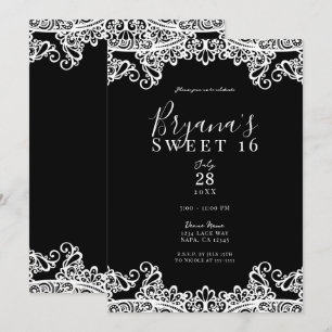 Convite Lace Preto e Branco Festa Elegante de 16 Anos Doce