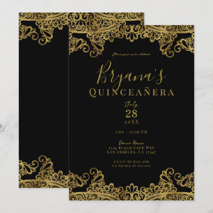Convite Lace Preto e Dourado Festa de Quince Anos Elegante
